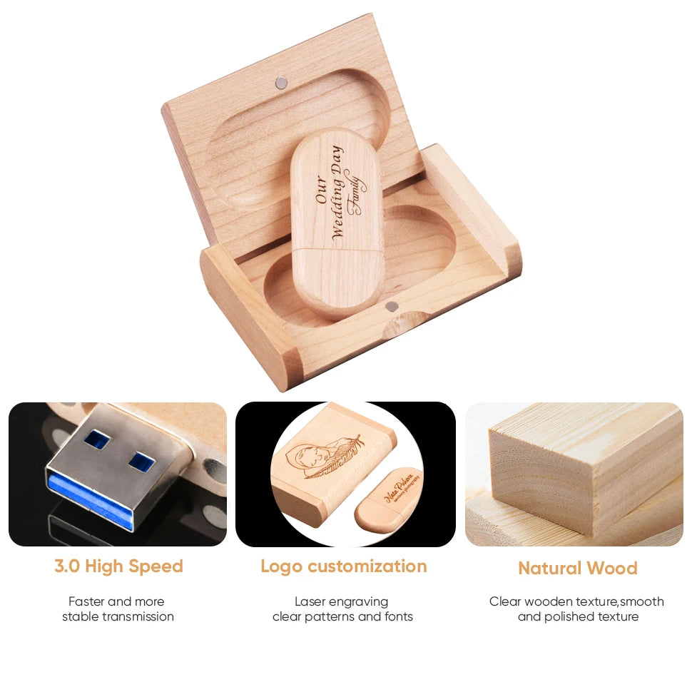 Wedding Gift Box USB 3.0 Flash Drive Free Logo Wooden Pen Drive High Speed Memory Stick 64GB/32GB/16GB/8GB/4GB Real Capacity