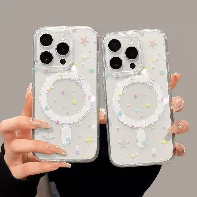 Colorful Pentagram For Transparent Magsafe Phone Case for IPhone 16 16e 15 12 13 11 14 Pro Max Plus Senior Magnetic Cover Case