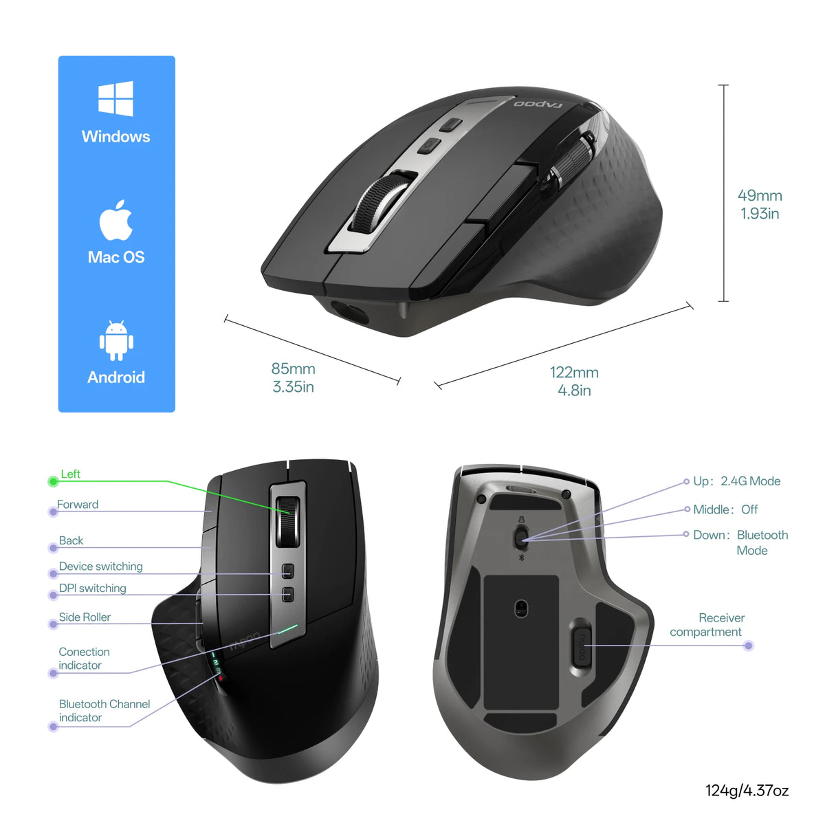 Rapoo 2026 New MT710L Multi-mode Rechargeable Wireless Mouse Ergonomic 4000 DPI Bluetooth Mouse Easy-Switch Up to 4 Devices